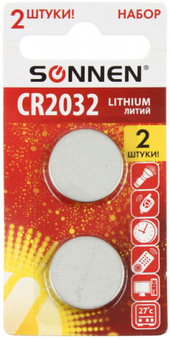 Батарейки литиевые дисковые Sonnen Lithium, CR2032, 3V, 2 шт.