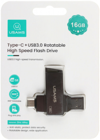Флеш-накопитель Usams (USB: 3.0, Type-C), 16 Gb, корпус серый Флеш-накопитель Usams (USB: 3.0, Type-C), 16 Gb, корпус серый