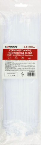 Хомут-стяжка Sonnen, 3,6*250 мм, 100 шт., белый Хомут-стяжка Sonnen, 3,6*250 мм, 100 шт., белый