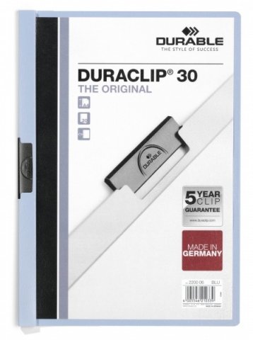 Папка пластиковая с клипом Durable Duraclip, А4, 30 л., толщина пластика 0,4 мм, голубая