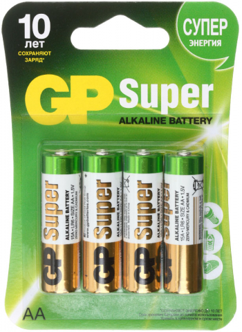 Батарейки щелочные GP Super AA, LR6, 1.5V, 4 шт.