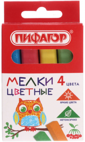 Мелки цветные «Пифагор», 4 шт., 4 цв., квадратные Мелки цветные «Пифагор», 4 шт., 4 цв., квадратные