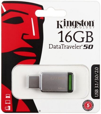 Флэш-накопитель Kingston DataTraveler DT50, 16 Gb, корпус серебристо-зеленый