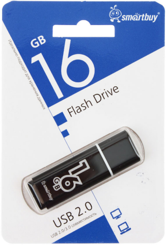 Флеш-накопитель SmartBuy Glossy (2.0), 16 Gb, корпус черный