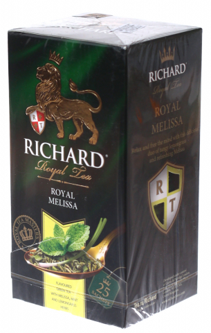 Чай Richard ароматизированный пакетированный, 37,5 г, 25 пакетиков, Royal Melissa, зеленый чай с мелиссой, мятой и лемонграссом Чай Richard ароматизированный пакетированный, 37,5 г, 25 пакетиков, Royal Melissa, зеленый чай с мелиссой, мятой и лемонграссом