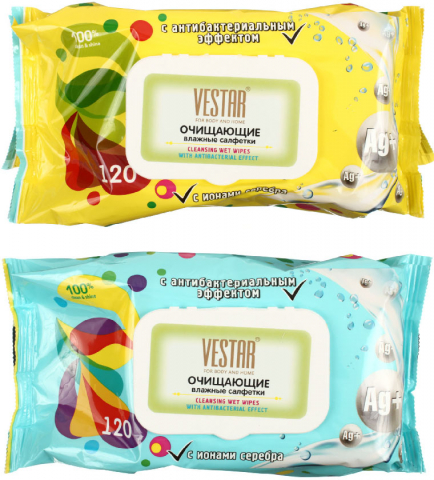 Салфетки влажные Vestar, 120 шт., «Антибактериальные», упаковка - ассорти