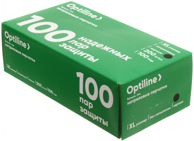 Перчатки нитриловые одноразовые Optiline размер XL, 100 пар (200 шт.), черные