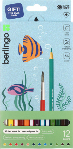 Карандаши цветные акварельные Berlingo SuperSoft «Рыбки» + кисть, 12 цветов, длина 180 мм
