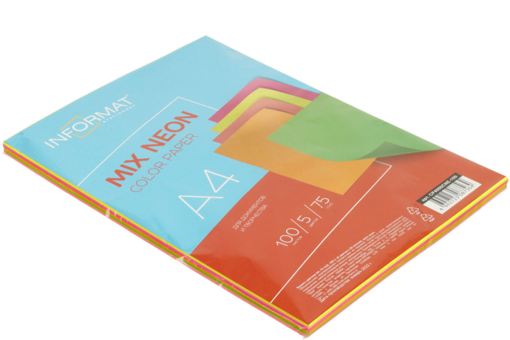 Бумага офисная цветная Mix inФормат А4 (210×297 мм), 75 г/м², 100 л., Neon 5 цветов