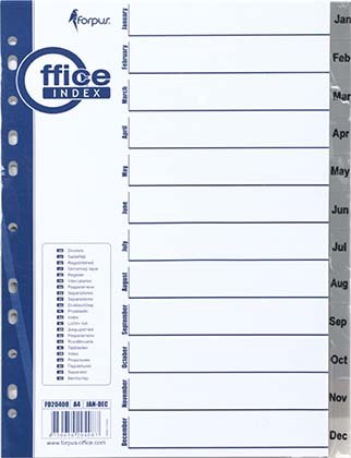 Разделители для папок-регистраторов пластиковые Forpus, 12 л., индексы по месяцам (Jan-Dec)