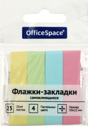 Закладки-разделители бумажные с липким краем OfficeSpace, 12*50 мм, 25 л.*4 цвета, пастель