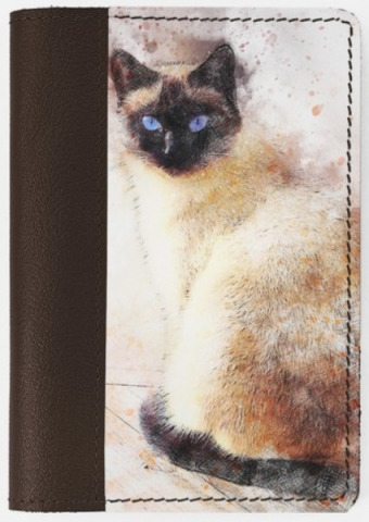 Обложка на паспорт из натуральной кожи комбинированная 9,5×13,3×0,3см, «Сиамская кошка», шоколадно-белая