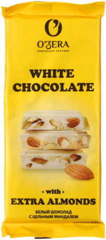 Шоколад O'Zera, 90 г, White&Extra Almond, белый шоколад с цельным миндалем