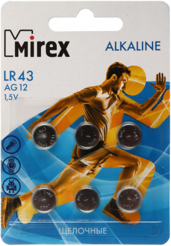 Батарейка щелочная дисковая Mirex Alkaline, AG12, LR43, 1.5V, 6 шт.