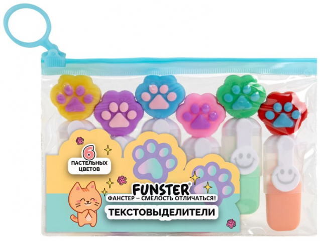 Набор маркеров-текстовыделителей Funster «Лапки» 6 цветов, пастель, с топперами
