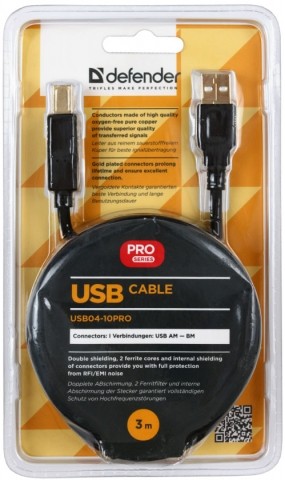 Кабель Defender USB04-10PRO USB2.0 AM-BM, 3 м, черный Кабель Defender USB04-10PRO USB2.0 AM-BM, 3 м, черный