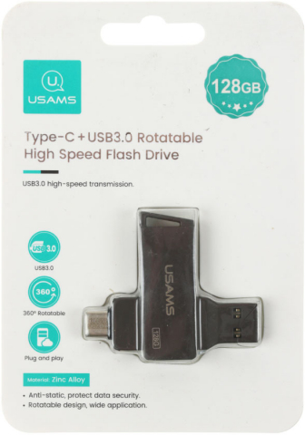 Флеш-накопитель Usams (USB: 3.0, Type-C), 128 Gb, корпус серый