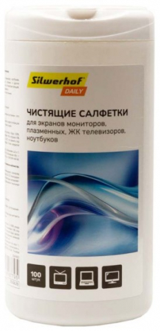 Салфетки чистящие для экранов мониторов, плазменных, ЖК телевизоров, ноутбуков Silwerhof Daily, 100 шт., в тубе Салфетки чистящие для экранов мониторов, плазменных, ЖК телевизоров, ноутбуков Silwerhof Daily, 100 шт., в тубе