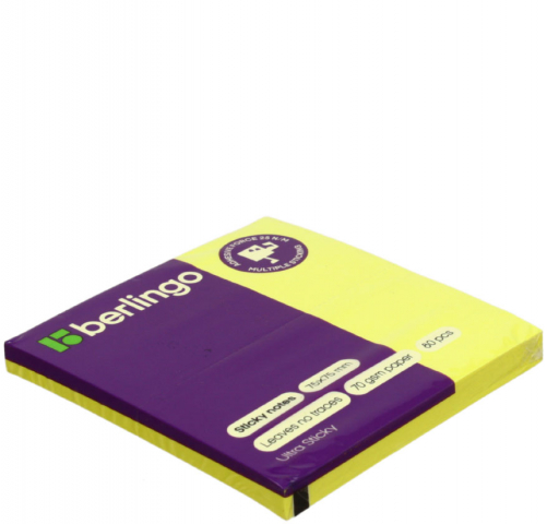 Бумага для заметок с липким краем Berlingo Ultra Sticky 75×75 мм, 1 блок×80 л., желтая, неон Бумага для заметок с липким краем Berlingo Ultra Sticky 75×75 мм, 1 блок×80 л., желтая, неон