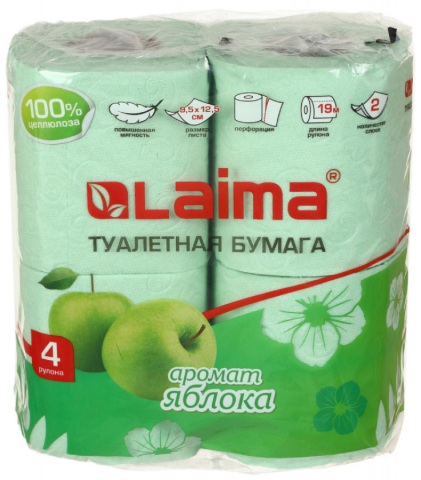 Бумага туалетная ароматизированная Laima, 4 рулона, ширина 90 мм, «Аромат яблока»