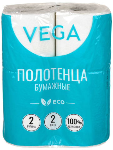 Полотенца бумажные Vega (в рулоне), 2 рулона, ширина 215 мм, белые