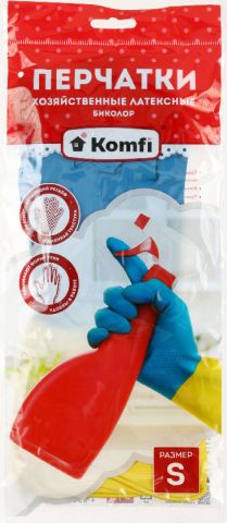 Перчатки латексные хозяйственные Komfi «Биколор» размер S, сине-желтые