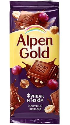Шоколад Alpen Gold, 90 г, «Фундук и изюм», молочный шоколад
