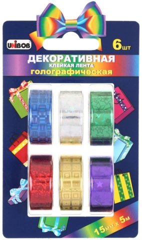 Декоративная клейкая лента Unibob, 15 мм*5 м, 6 шт., голографическая Декоративная клейкая лента Unibob, 15 мм*5 м, 6 шт., голографическая