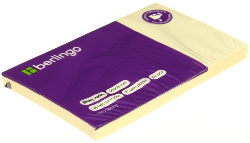 Бумага для заметок с липким краем Berlingo Ultra Sticky 125×75 мм, 1 блок×100 л., желтая, пастель