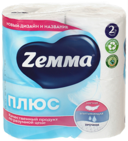 Бумага туалетная Zemma «Плюс» 4 рулона, ширина 90 мм, 18 м, белая Бумага туалетная Zemma «Плюс» 4 рулона, ширина 90 мм, 18 м, белая