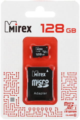 Карта памяти micro Mirex class 10, micro SDXC, class10, 128 Gb + переходник на SD