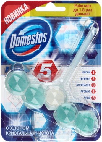 Блок для унитаза в пластиковом подвесе Domestos Power5, 55 г, «Кристальная чистота»