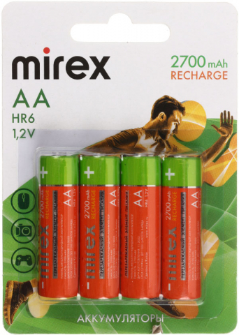 Аккумулятор Mirex AA, 1.2V, 2700 mAh (4 шт. в упаковке) Аккумулятор Mirex AA, 1.2V, 2700 mAh (4 шт. в упаковке)
