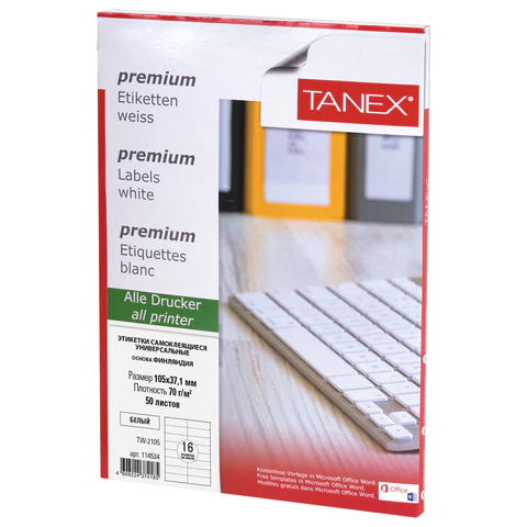 Бумага самоклеящаяся для изготовления этикеток Tanex А4, 16 шт., 105×37,1 мм, 50 л., матовая, белая
