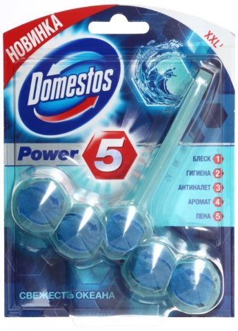 Блок для унитаза в пластиковом подвесе Domestos Power5, 55 г, «Свежесть океана» Блок для унитаза в пластиковом подвесе Domestos Power5, 55 г, «Свежесть океана»