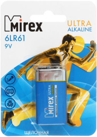 Батарейка щелочная Mirex Ultra Alkaline, 6LR61, 9V, тип «Крона» Батарейка щелочная Mirex Ultra Alkaline, 6LR61, 9V, тип «Крона»