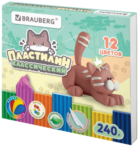 Пластилин классический Brauberg «Академия» 12 цветов, 240 г, со стеком, «Милые коты» Пластилин классический Brauberg «Академия» 12 цветов, 240 г, со стеком, «Милые коты»