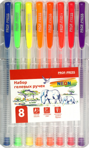 Набор ручек гелевых Prof-Press Neon 8 шт., 8 цв.