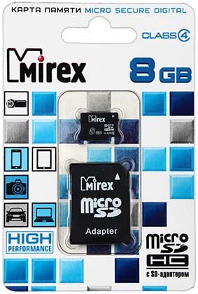 Карта памяти micro SDHC Mirex class 4, micro SDНС, class 4, 8 Gb + переходник на SD