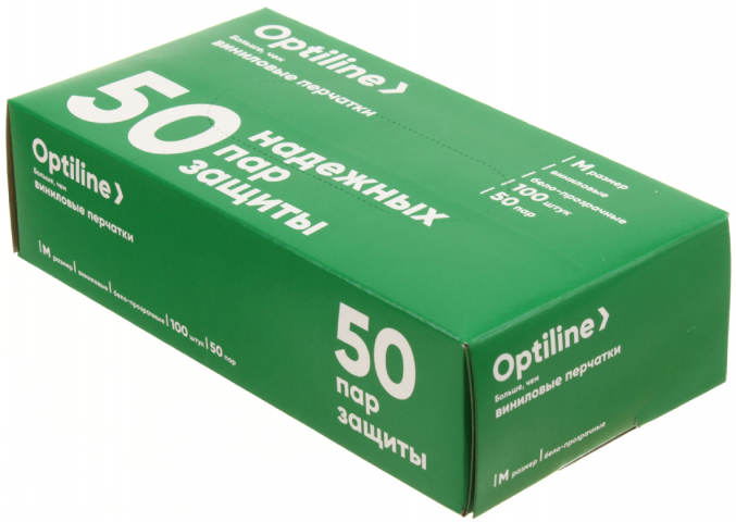 Перчатки виниловые одноразовые Optiline размер M, 50 пар (100 шт.), прозрачные