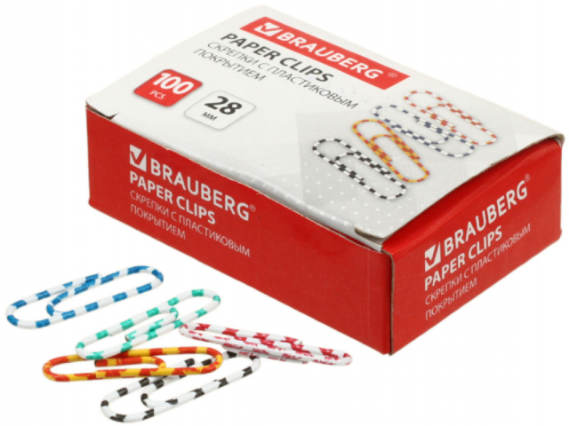 Скрепки цветные полимерные Brauberg Standard 28 мм, 100 шт., округлые, с цветными полосками