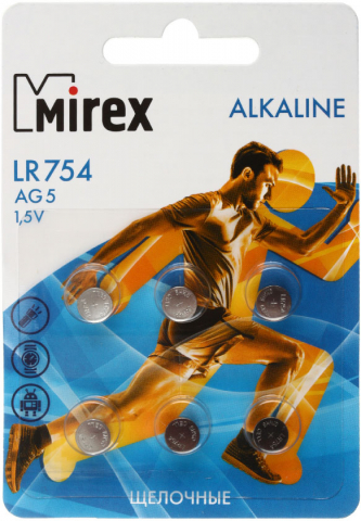 Батарейки щелочные дисковые Mirex Alkaline AG5, LR754, 1.5V, 6 шт.