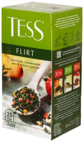 Чай Tess, 37,5 г, 25 пакетиков, «Флирт», чай зеленый с белым персиком и клубникой