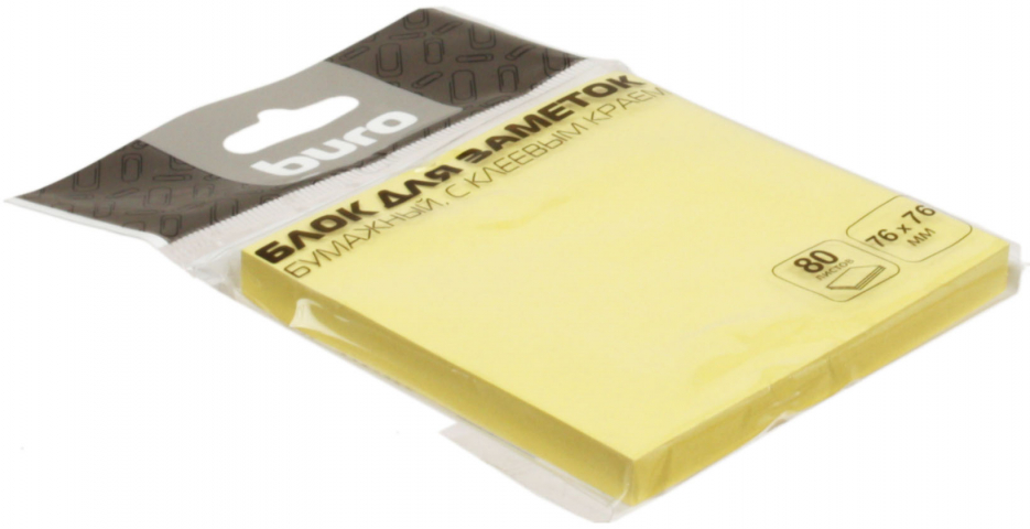 Бумага для заметок с липким краем Buro 76×76 мм, 1 блок×80 л., желтая пастель