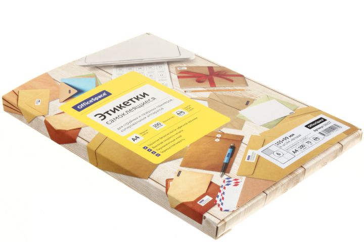 Бумага самоклеящаяся для изготовления этикеток OfficeSpace А4, 6 шт., 105×99 мм, 100 л., матовая, белая