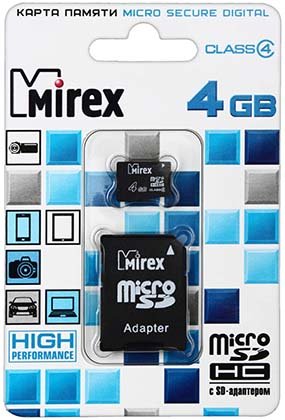 Карта памяти micro SDHC Mirex class 4, micro SDНС, class 4, 4 Gb + переходник на SD