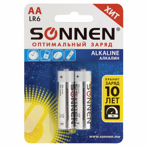 Батарейки щелочные Sonnen Alkaline АА, LR6, 1.5V, 2 шт.