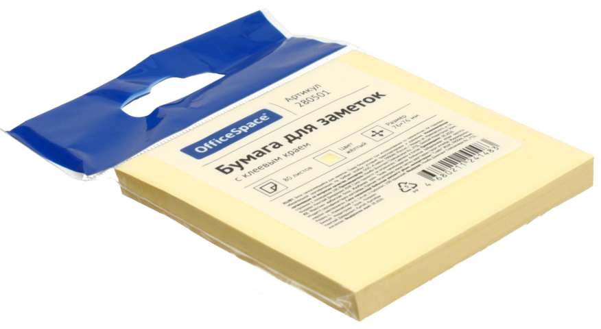 Бумага для заметок с липким краем OfficeSpace 76×76 мм, 1 блок×80 л., желтая Бумага для заметок с липким краем OfficeSpace 76×76 мм, 1 блок×80 л., желтая