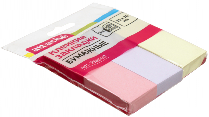 Закладки-разделители бумажные с липким краем Attache 25×76 мм, 100 л.×3 цвета