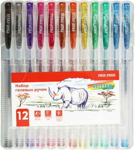 Набор ручек гелевых Prof-Press Glitter, 12 шт., 12 цв. Набор ручек гелевых Prof-Press Glitter, 12 шт., 12 цв.